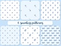 Set of 6 seamless patterns. Blue berries, bows, hearts and flowers on a white and a light blue background